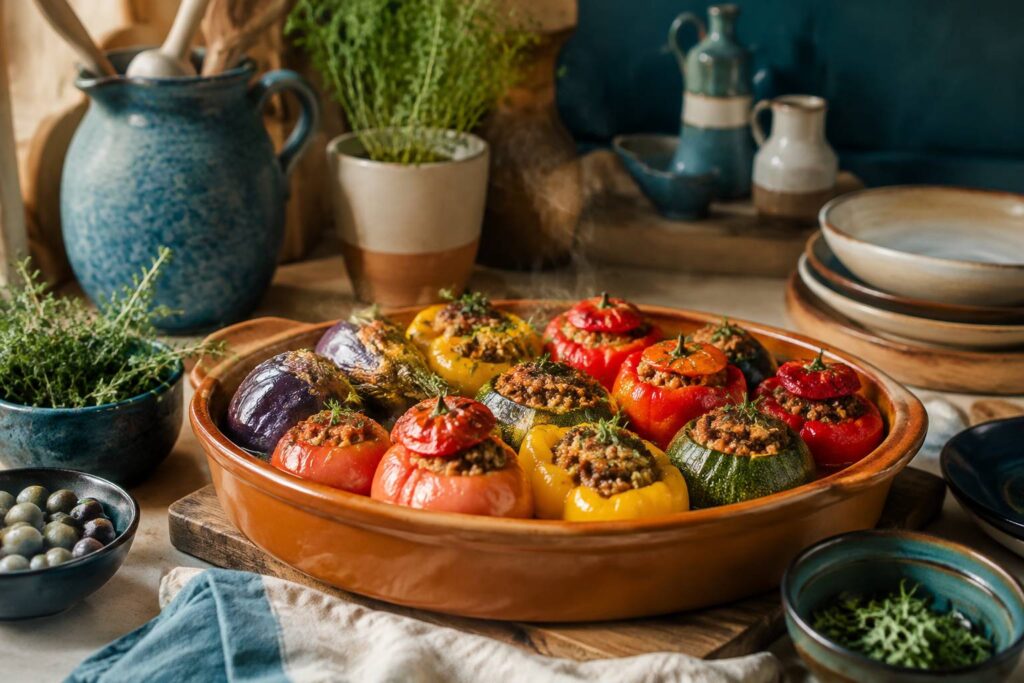 Légumes farcis colorés dans un plat en terre cuite