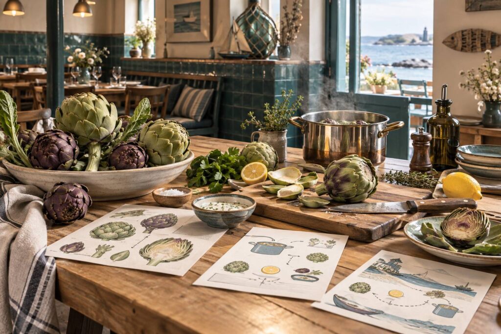 Illustration éditoriale du sujet : Les secrets pour préparer et cuisiner un artichaut avec succès