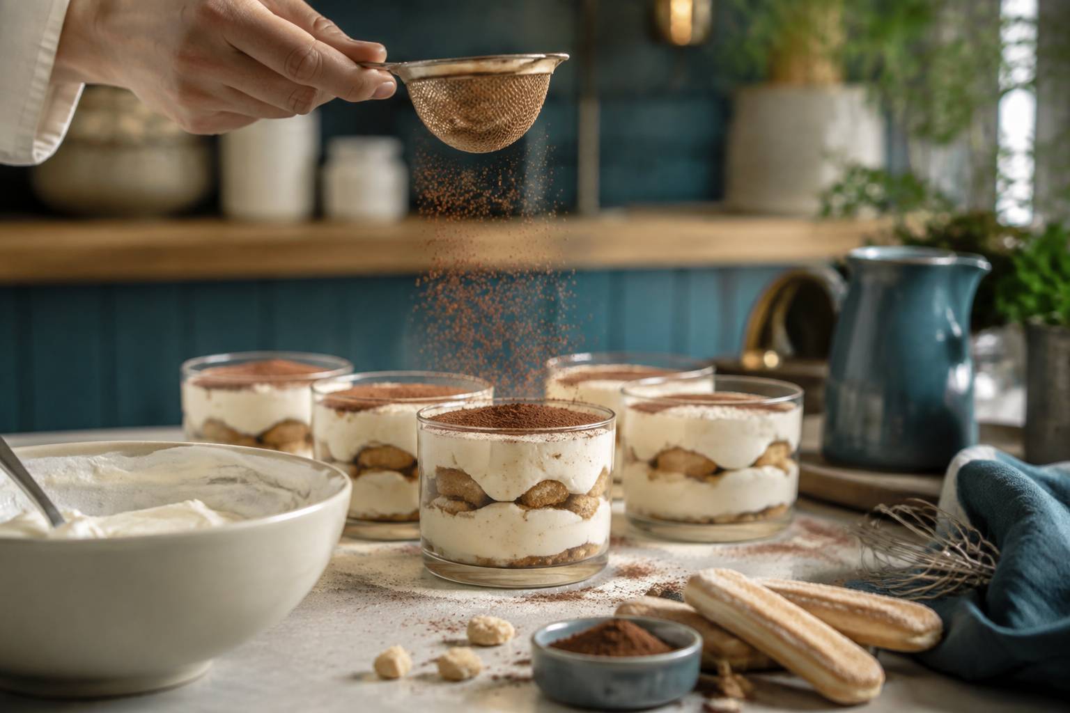 Main tamisant du cacao sur des verrines de tiramisu au café
