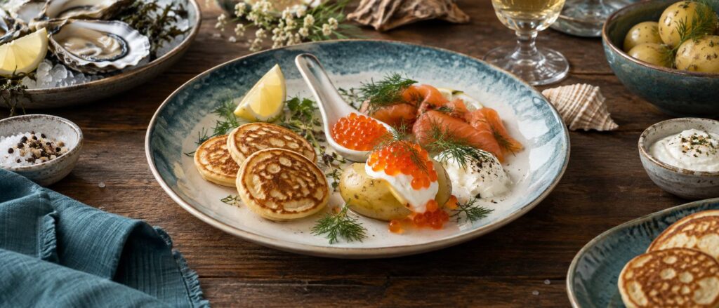 Œufs de truite sur pomme de terre avec blinis et aneth