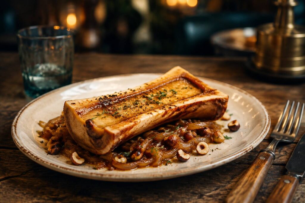 Os à moelle gratiné avec poêlée d'oignons caramélisés et noisettes, assiette de bistrot