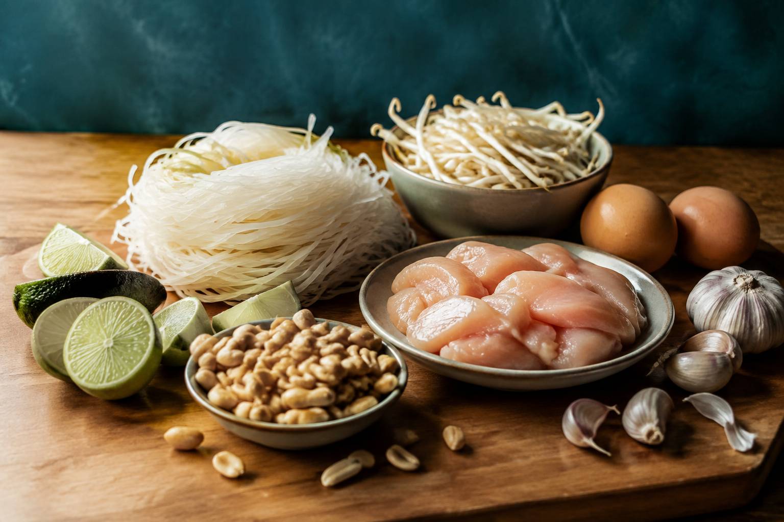 Ingrédients du pad thaï réunis sur une planche en bois, nouilles de riz et poulet