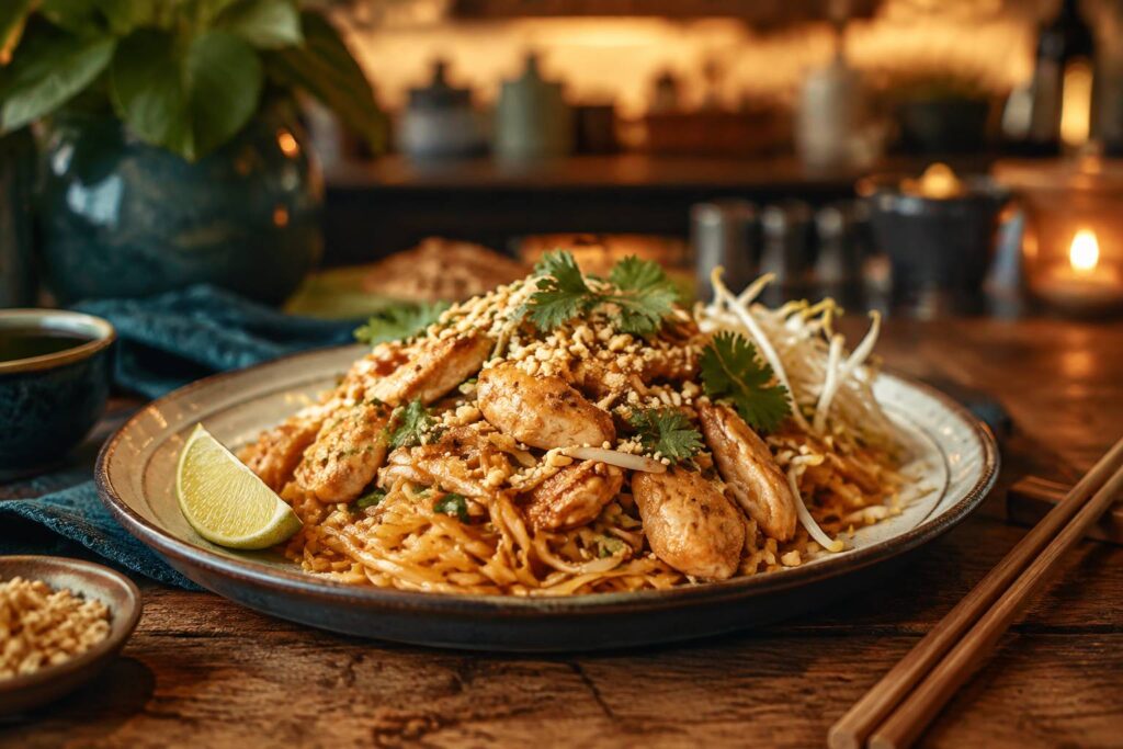 Pad thaï au poulet en assiette avec cacahuètes, pousses de soja et citron vert