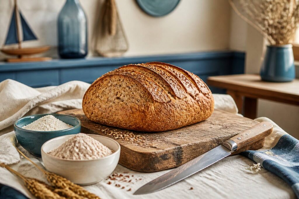Pain maison sans gluten doré sur une planche en bois avec bols de farine