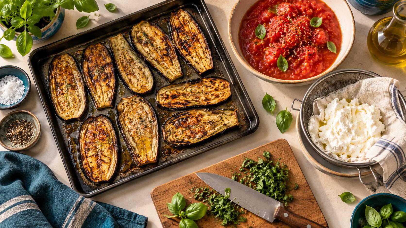 Tranches d'aubergines grillees et tomates pour une parmigiana