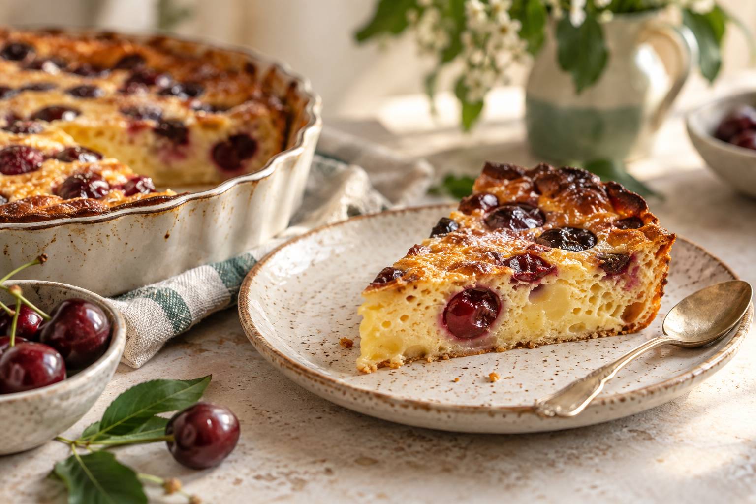 Part de clafoutis aux cerises montrant la chair tenue autour du noyau