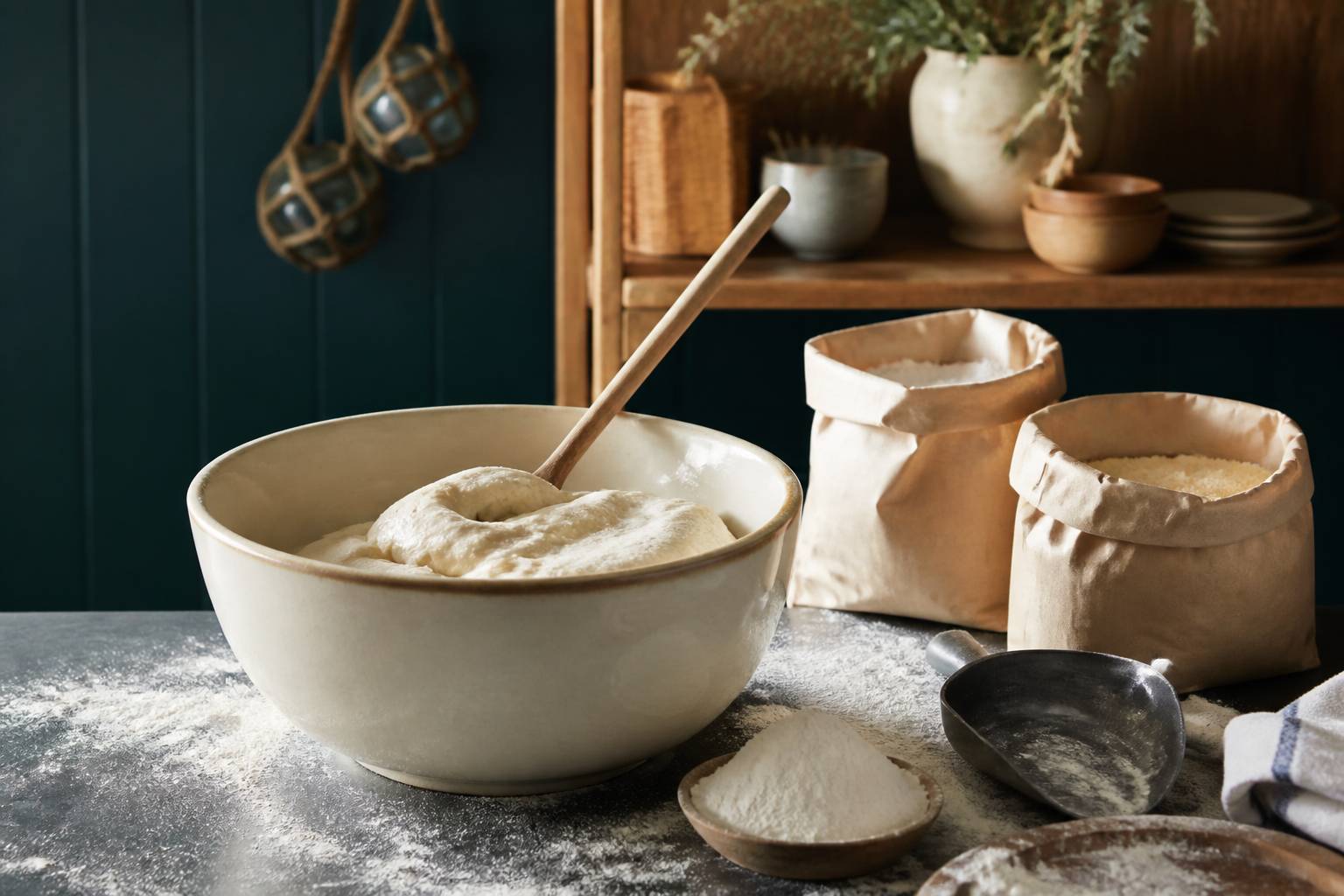 Pâte à pain sans gluten épaisse dans un saladier avec farine et fécule