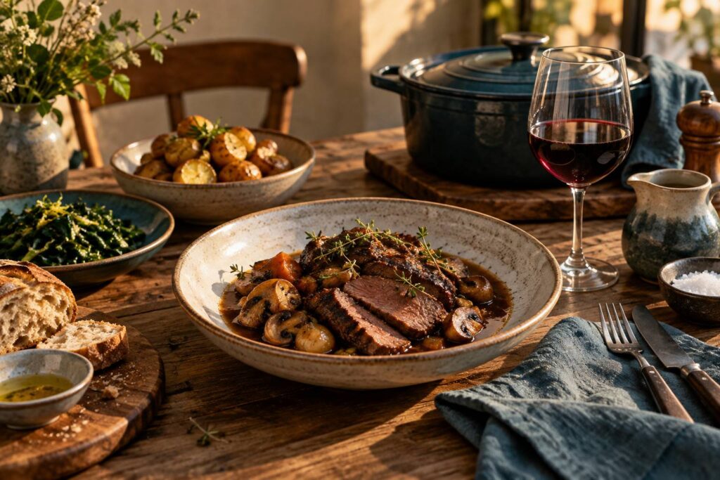 Assiette de viande mijotée et champignons poêlés sur une table de bistrot