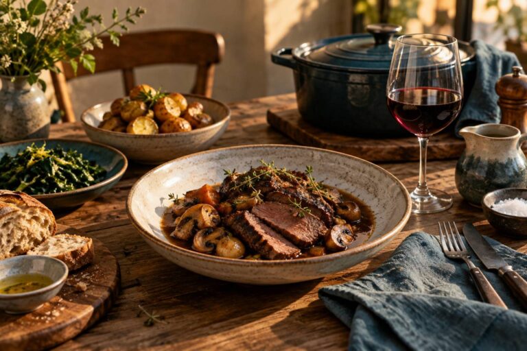 Pluma de porc ibérique mijotée au thym, accompagnée de girolles et nappée d&rsquo;un jus vigneron raffiné