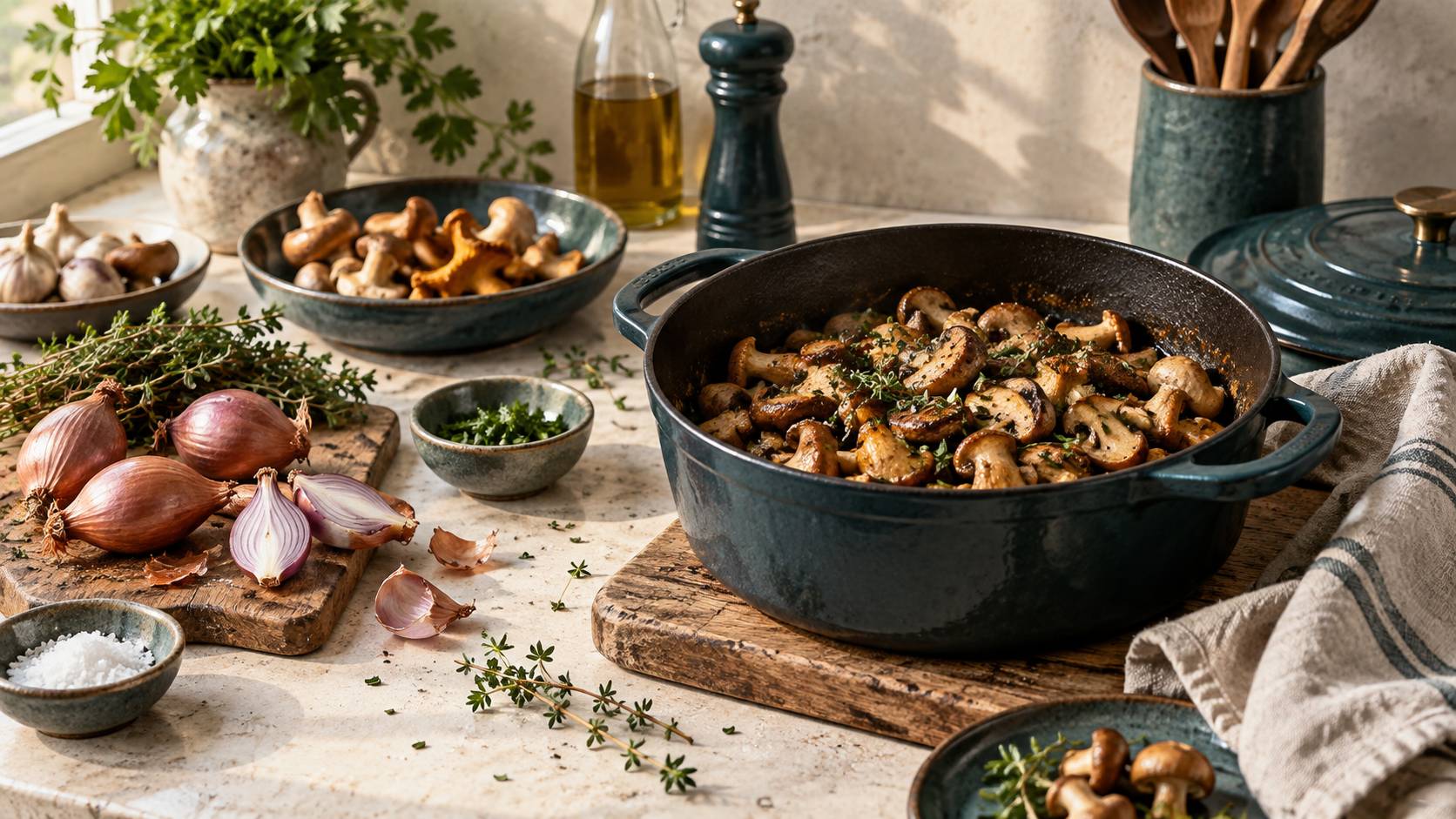 Cocotte en fonte et poêlée de champignons sur un plan de travail
