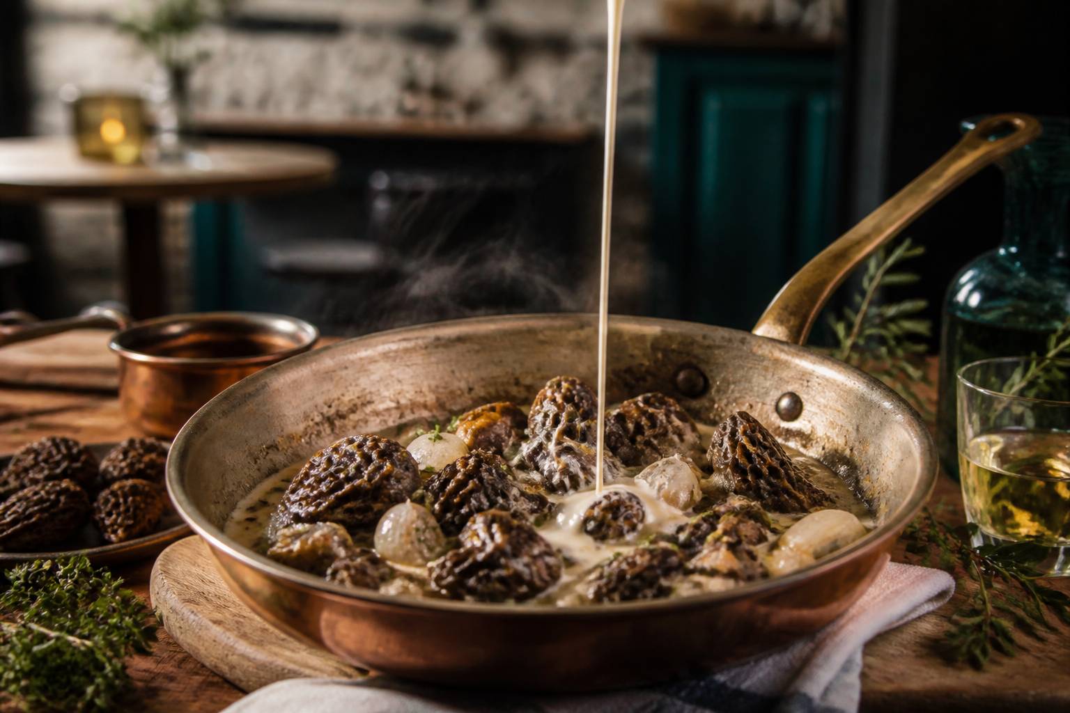 Poêlée de morilles au beurre dans une poêle en cuivre avec crème versée en filet