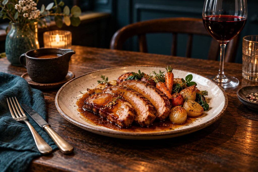 Tranches de porc fondant nappees de caramel dans une assiette de bistrot