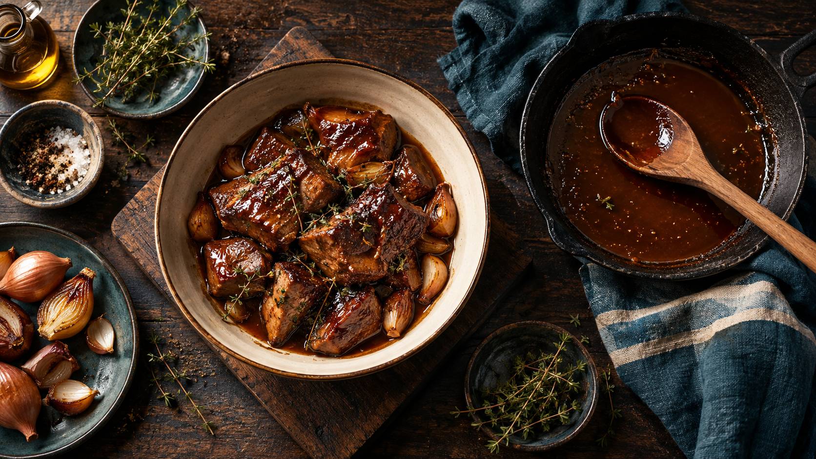 Viande marinee et sauce caramel brillante dans une poele en fonte