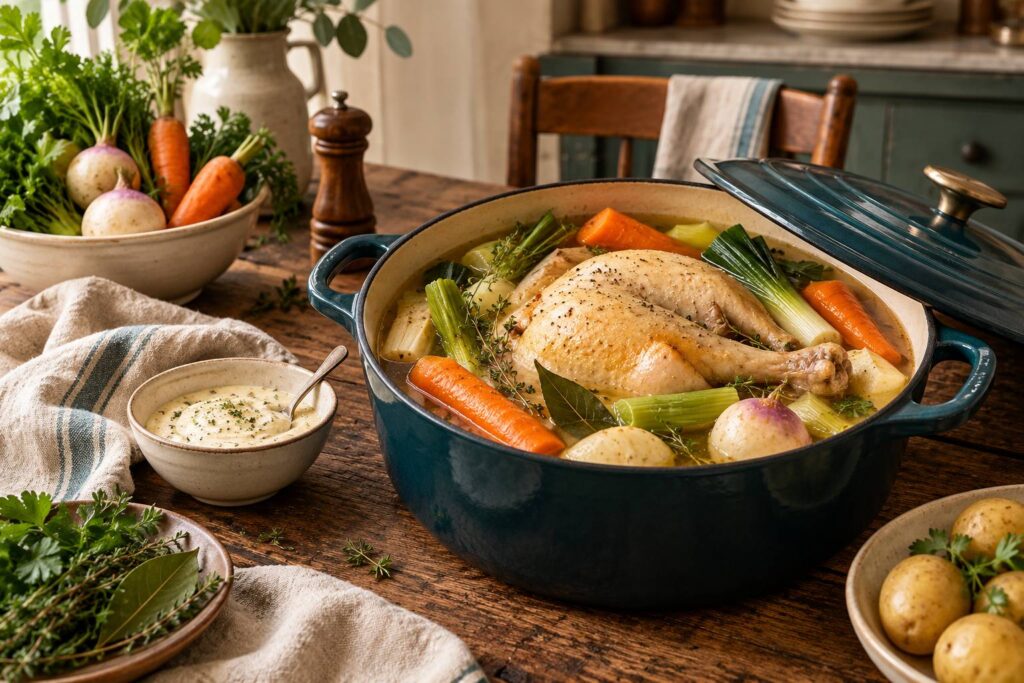 Cocotte en fonte avec poule au pot et legumes d'hiver