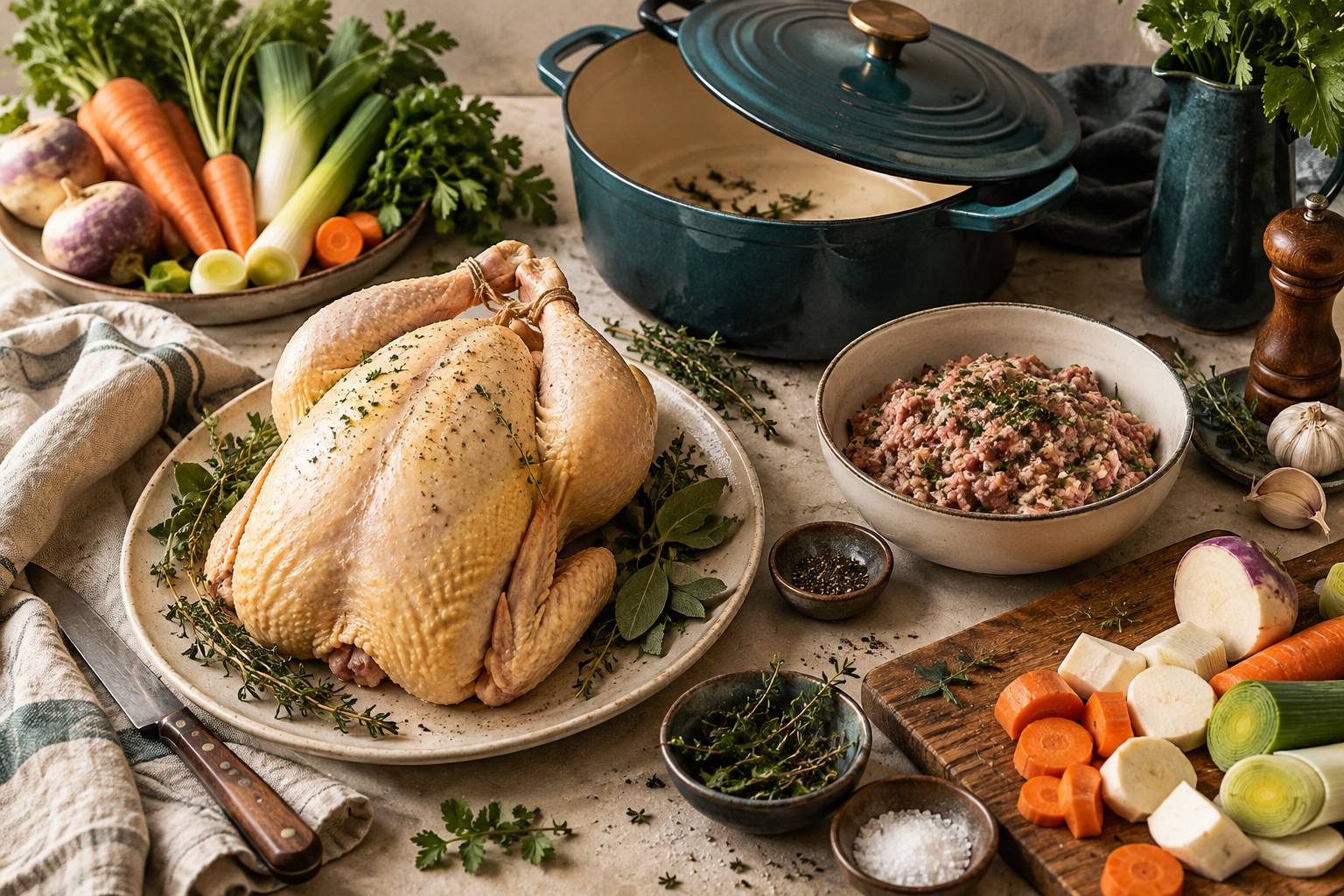 Poule crue, farce et legumes d'hiver prets a cuisiner