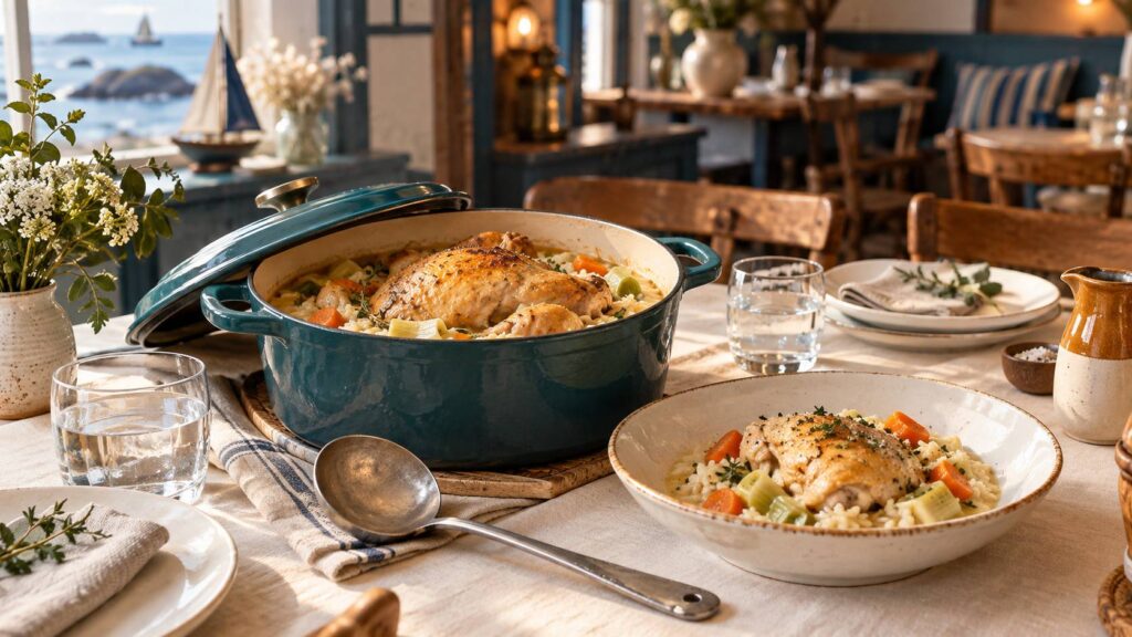 Poule au riz dans une cocotte en fonte sur une table de bistrot breton