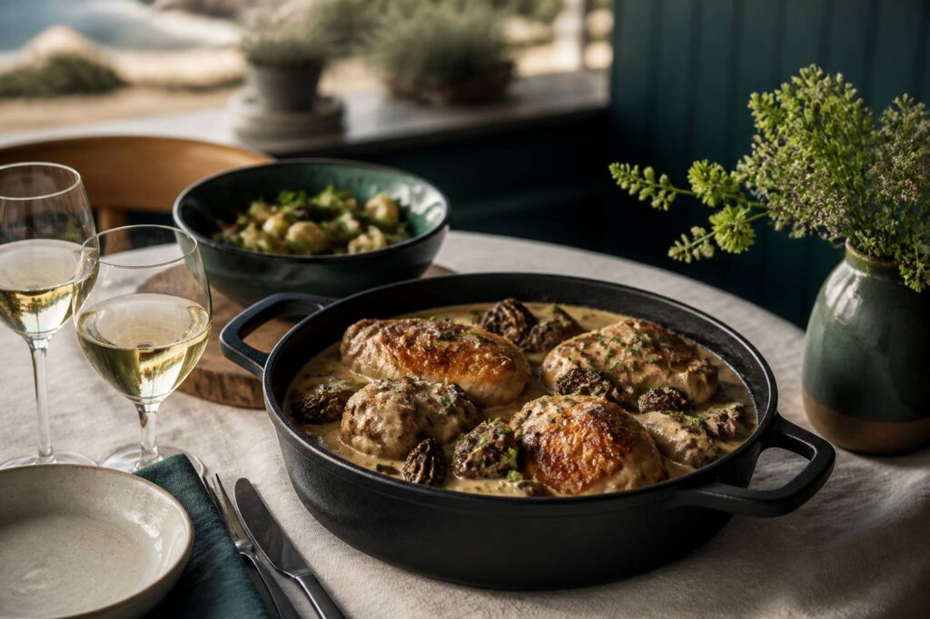 Poulet fermier doré en cocotte avec sauce crémeuse aux morilles et herbes fraîches