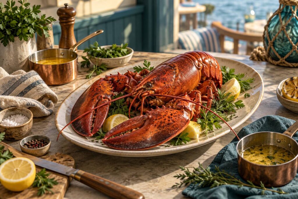 Homard bleu cuit presente sur un plat avec beurre citronne