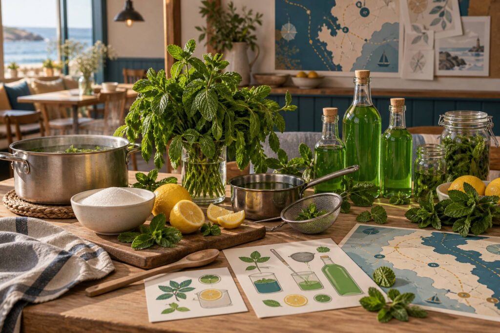 Illustration éditoriale du sujet : Préparez un Sirop de Menthe Maison : Recette Facile et Rafraîchissante