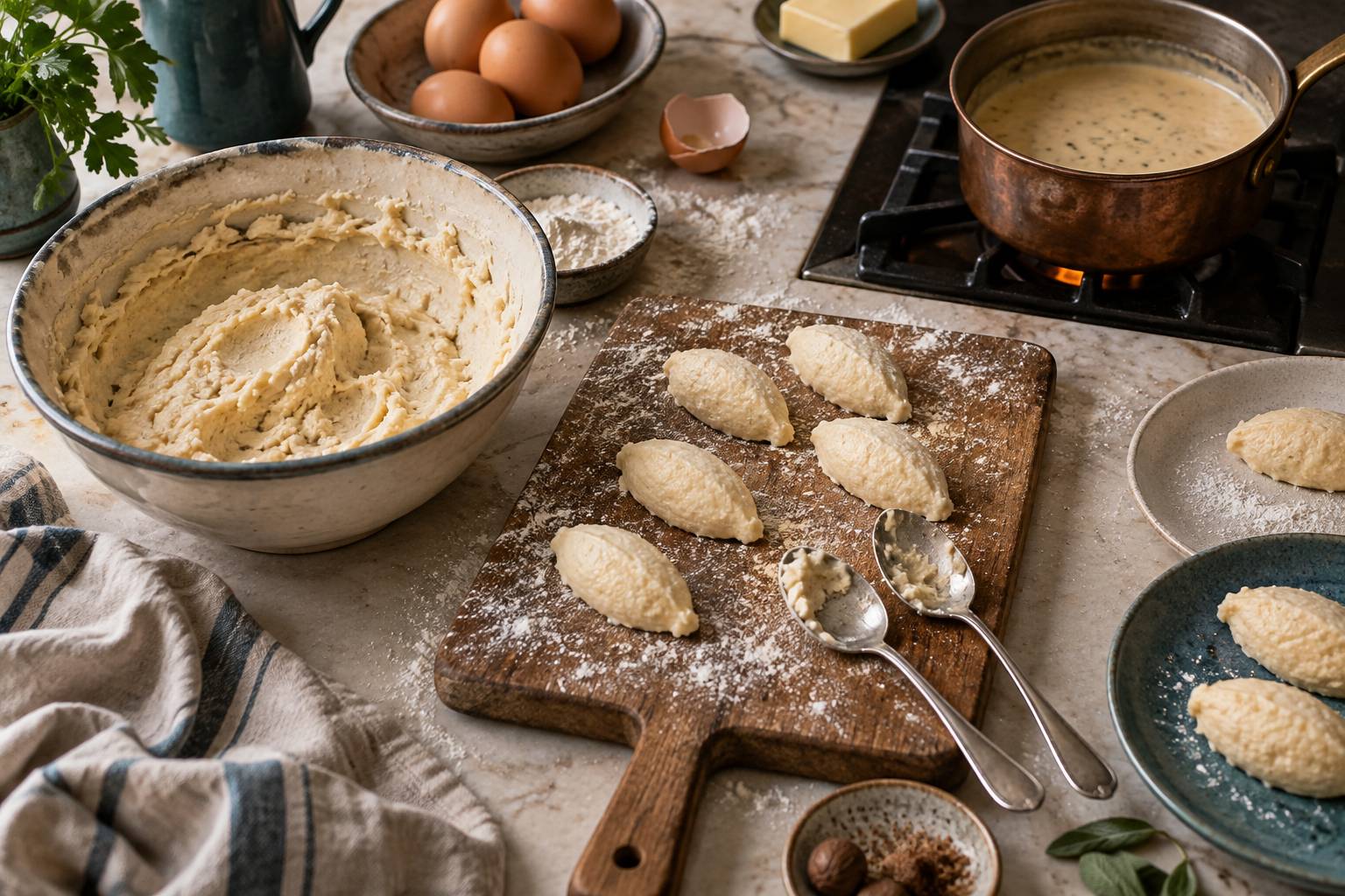 Quenelles en cours de faconnage et sauce cremee sur un plan de travail