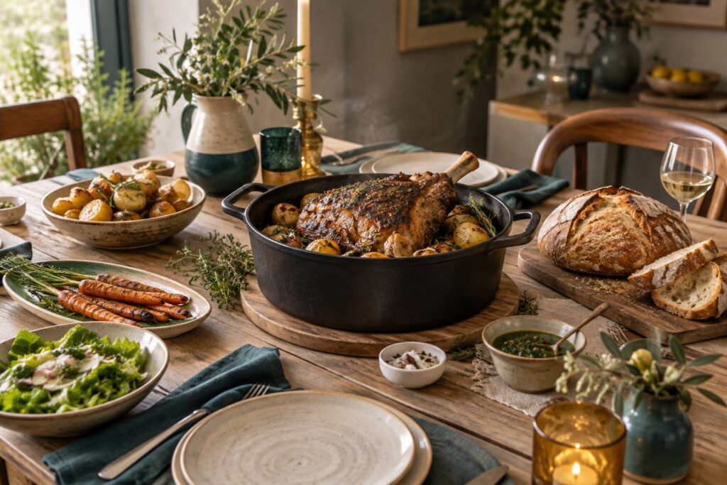 Epaule d'agneau confite servie dans une cocotte en fonte sur une table