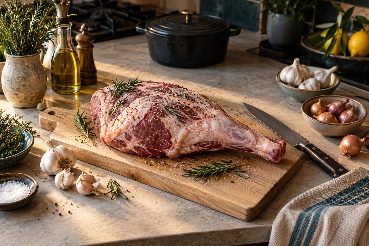 Epaule d'agneau crue, ail et romarin prepares sur une planche en bois