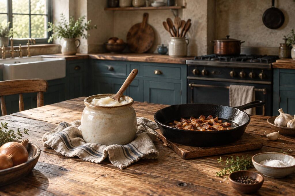 Pot de saindoux crémeux avec cuillère en bois dans une cuisine rustique