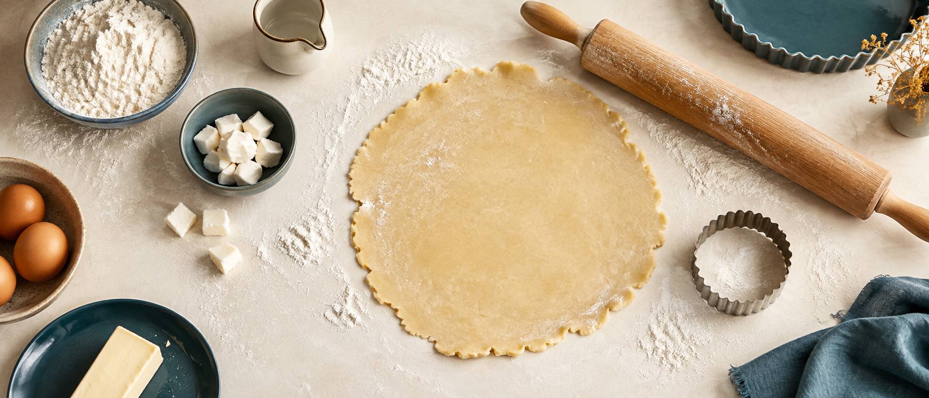 Pâte brisée étalée avec saindoux et rouleau en bois