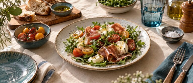 Délice frais : Salade de roquette, tomates cerises, mozzarella fondante et jambon cru savoureux