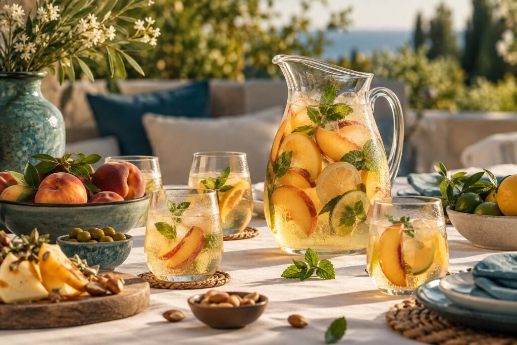 Carafe de sangria blanche aux peches et agrumes sur une table d'ete