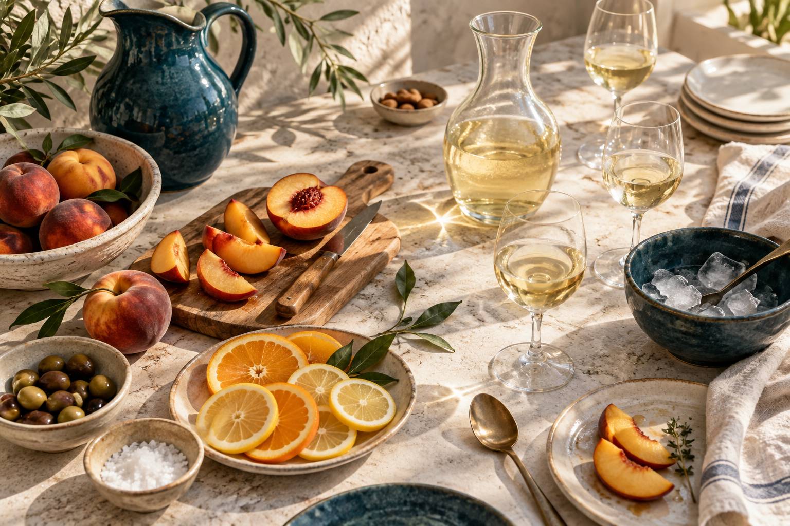 Fruits frais et carafe pour preparer une sangria blanche