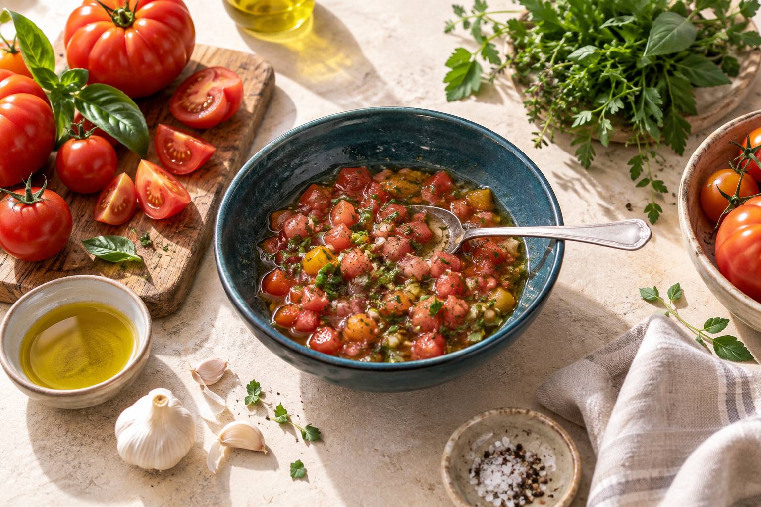 Bol de sauce vierge aux des de tomate et herbes ciselees
