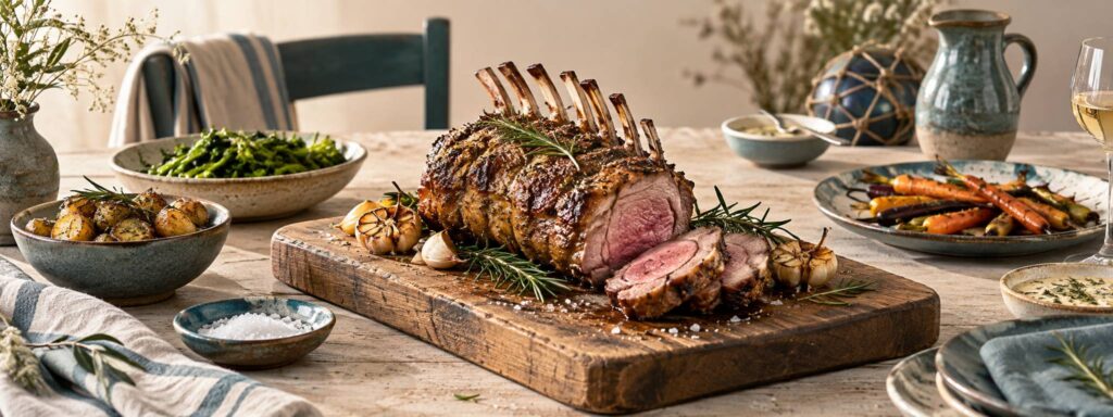 Selle d'agneau rôtie dorée sur une planche de bistrot avec romarin