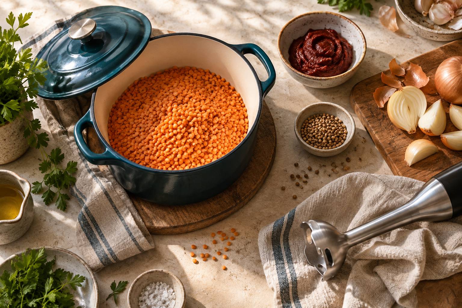 Lentilles corail, concentre de tomate et coriandre sur un plan de travail