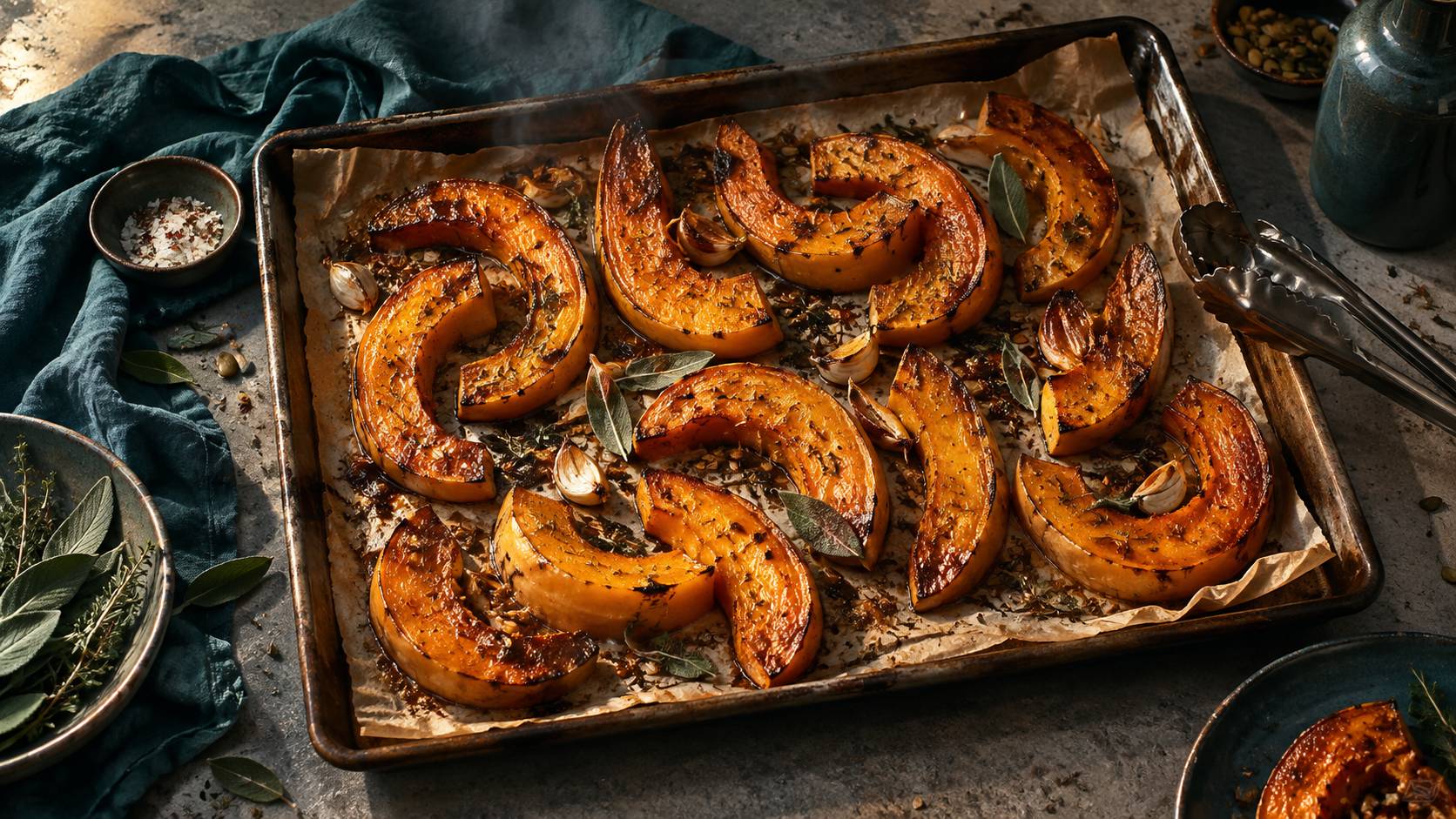 Tranches de courge butternut roties sur une plaque de four