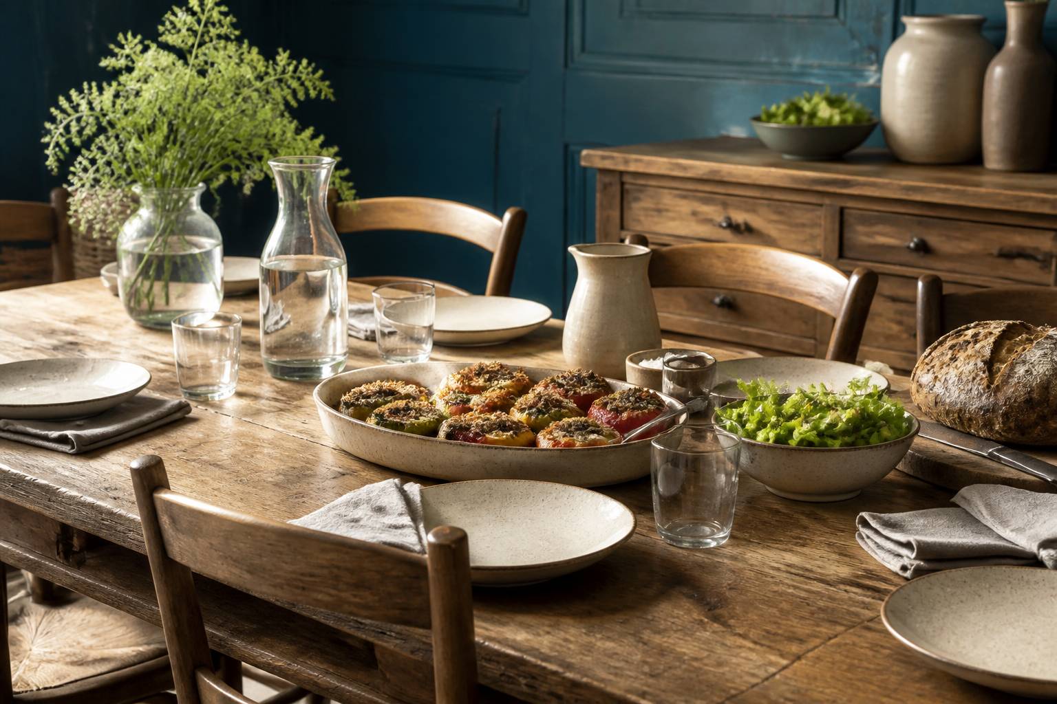 Table dressée avec légumes farcis, salade et pain
