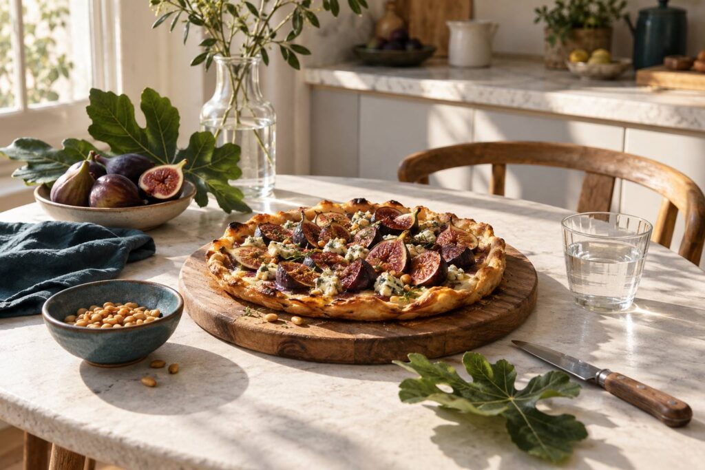 Tarte fine aux figues et fromage bleu sur une planche en bois