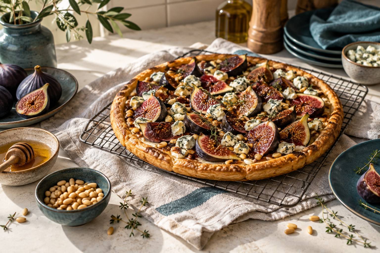 Tarte fine aux figues tranchees avec fromage bleu et pignons