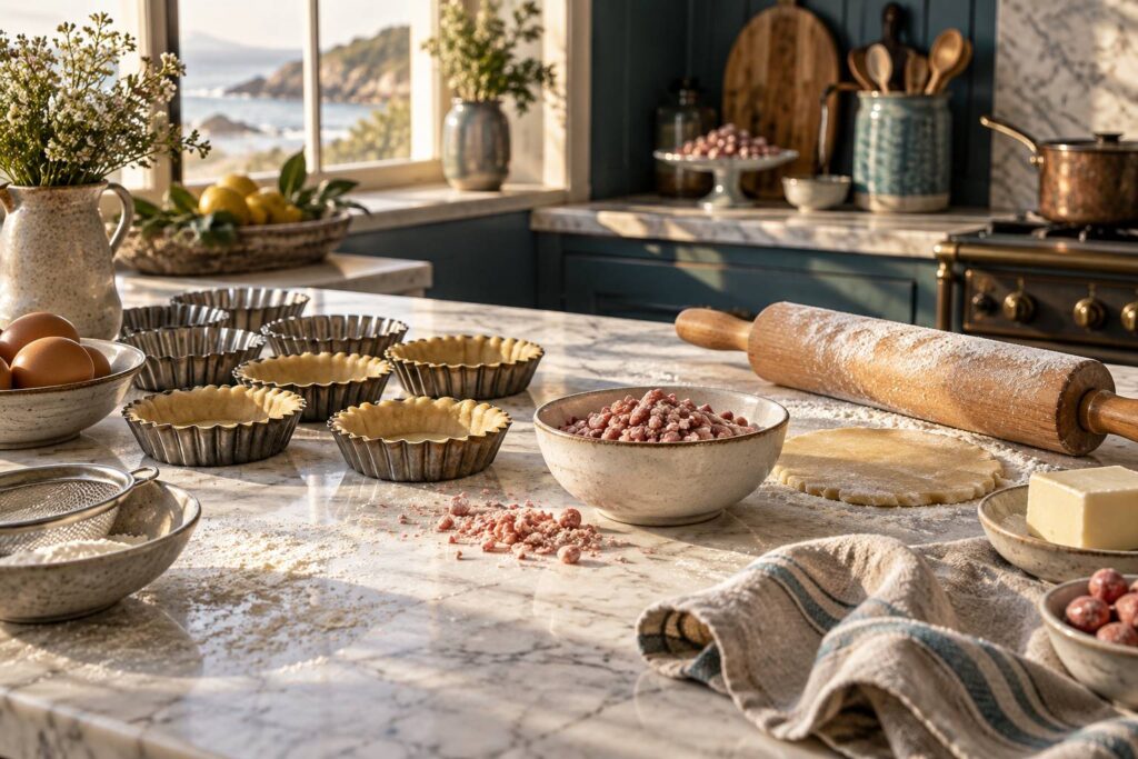 Plan de travail de pâtisserie avec moules à tartelettes et pralines roses concassées