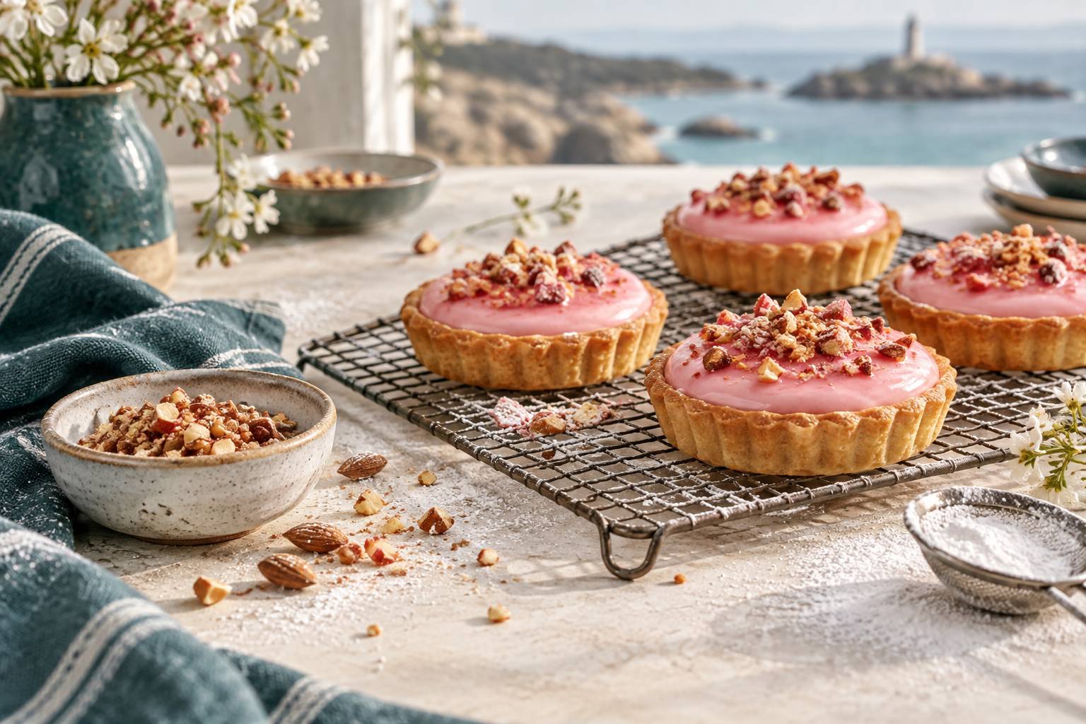 Tartelettes sablées garnies de crème aux pralines roses sur une grille