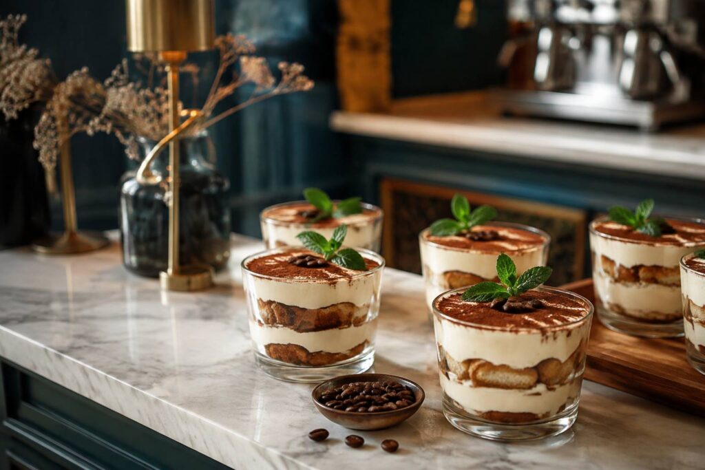 Verrines de tiramisu au café saupoudrées de cacao sur un comptoir