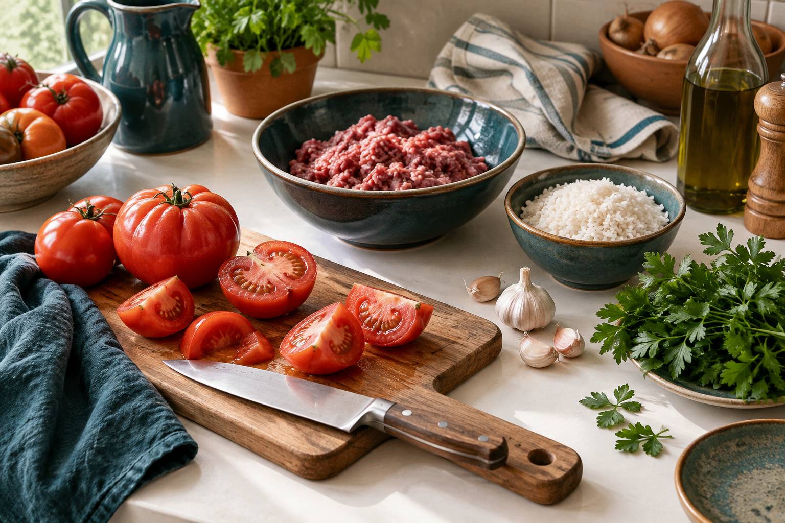 Ingrédients de tomates farcies sur un plan de travail de cuisine en bois