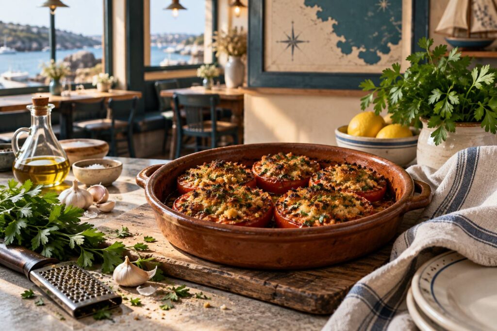Tomates provençales rôties à la persillade dans un plat en terre cuite