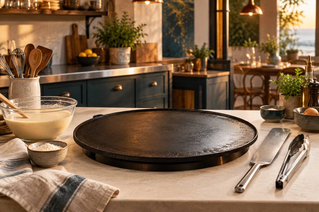 Plaque de cuisson plane en fonte avec pâte à crêpe et ustensiles dans une cuisine chaleureuse