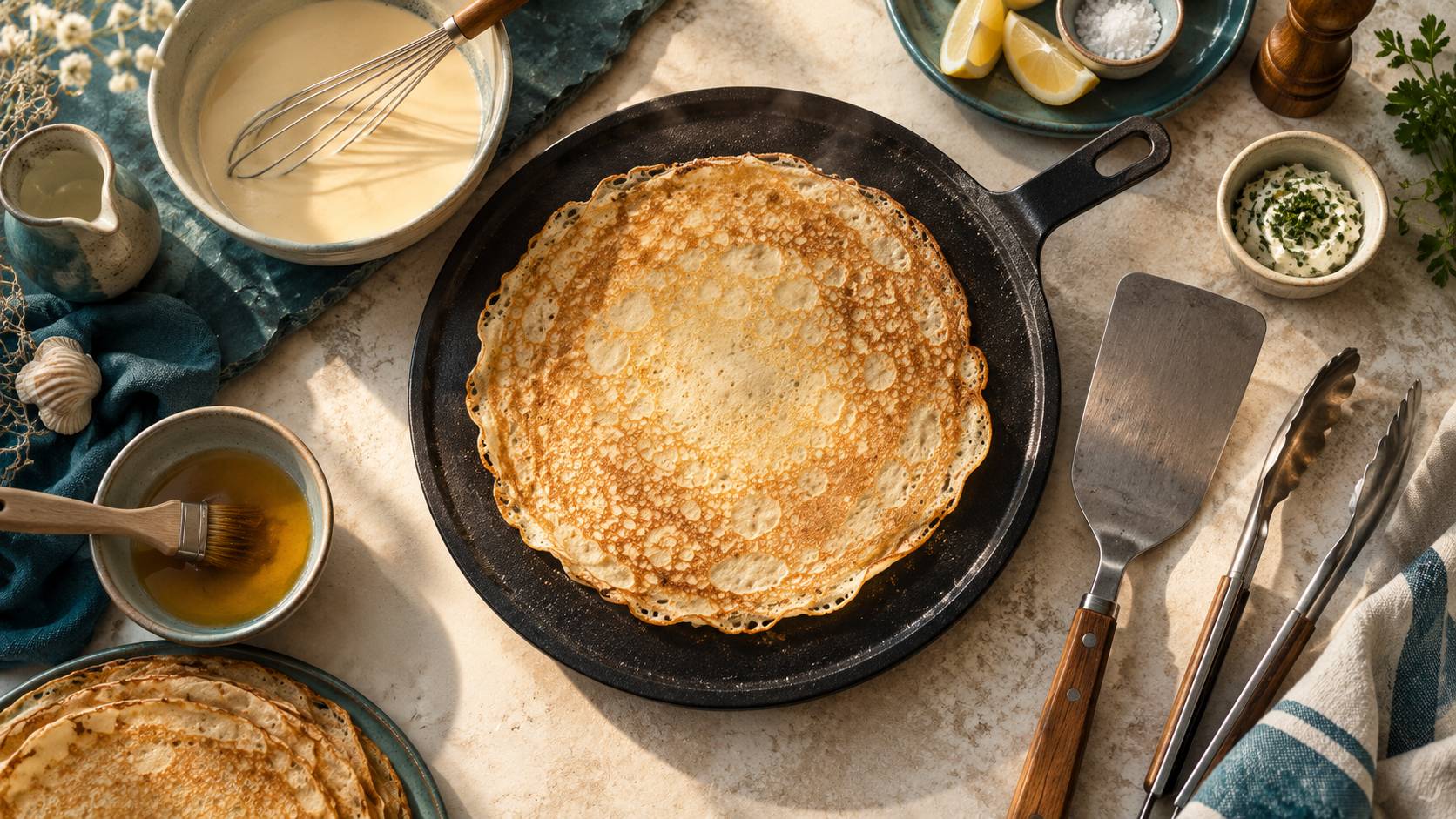 Crêpe dorée sur une plaque plane en fonte avec spatule et bol de pâte