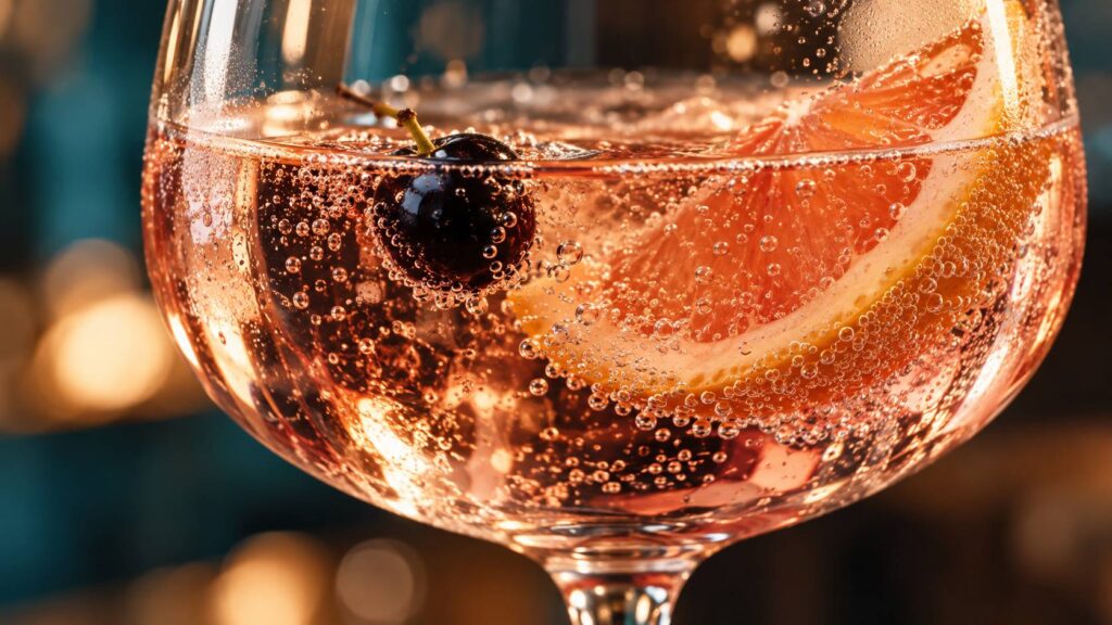 Surface d'un cocktail rosé avec bulles, cassis et rondelle d'agrume