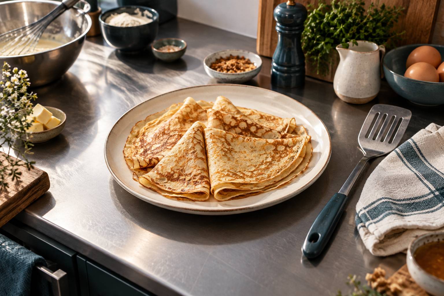 Crepes pliees dans une assiette avec spatule et torchon plie
