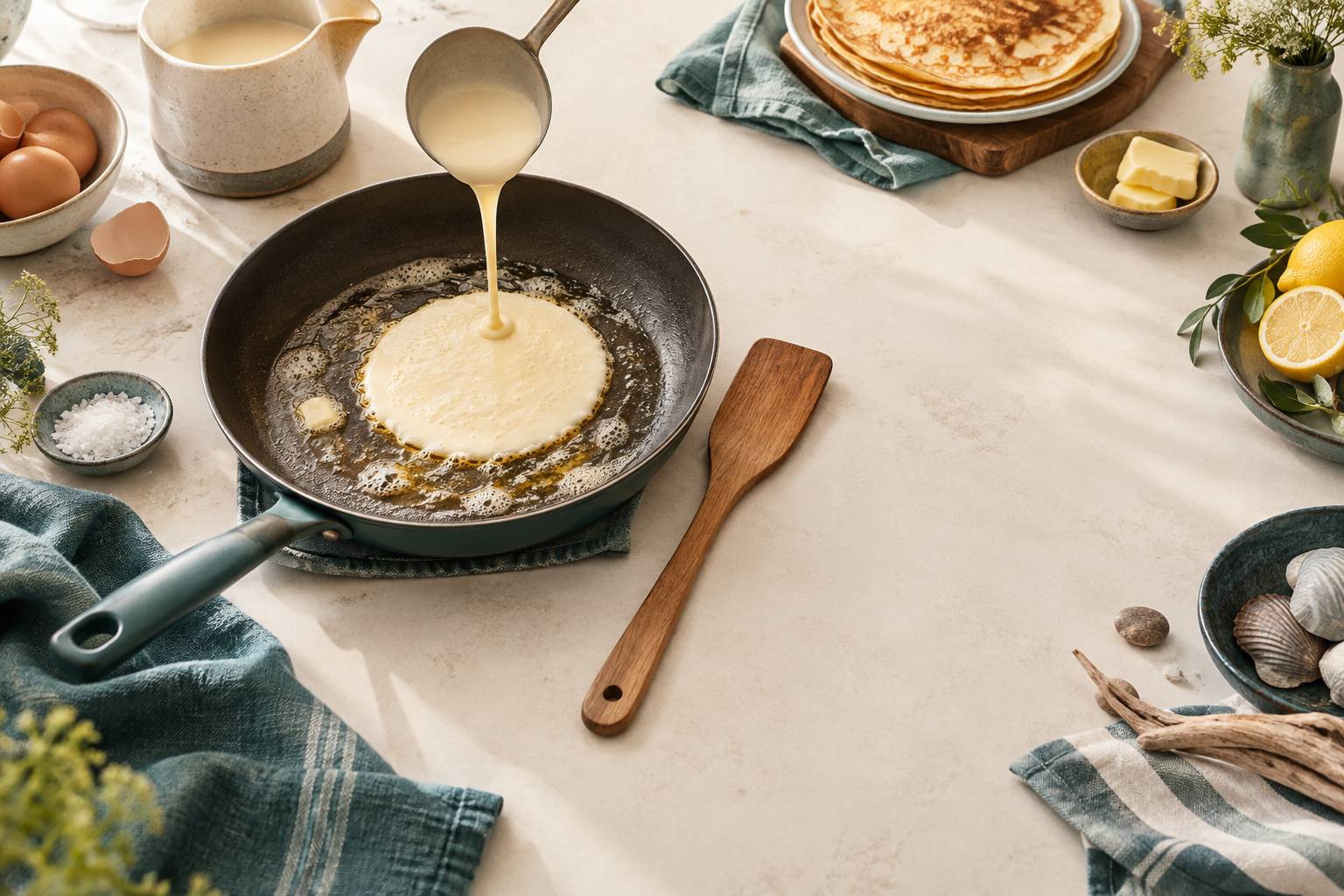 Louche de pâte et spatule au-dessus d'une poêle