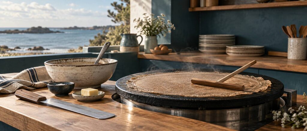 Billig en fonte et galette de sarrasin sur un comptoir de crêperie