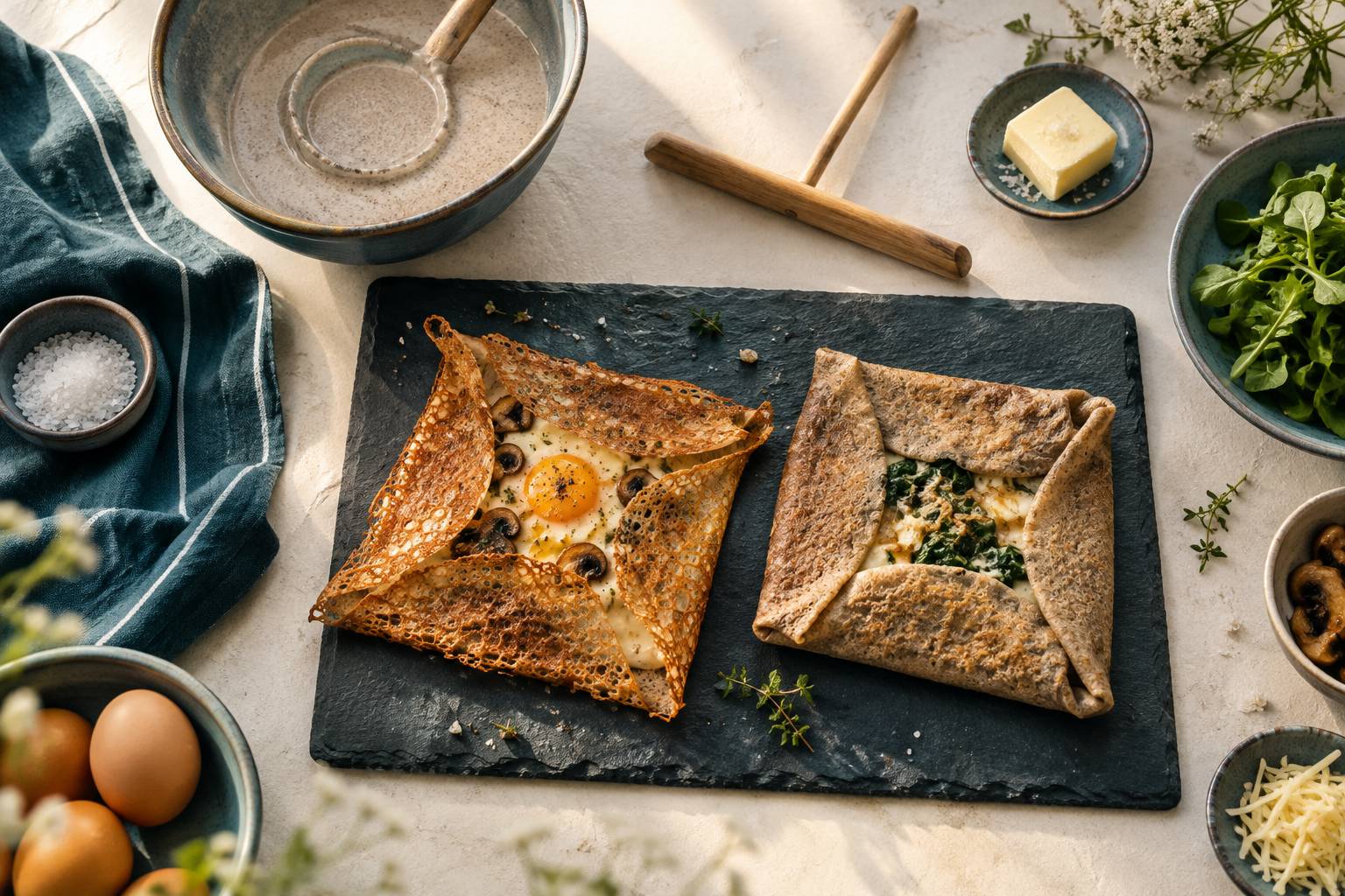 Galettes de sarrasin pliées sur ardoise avec rozell et bol de pâte au blé noir